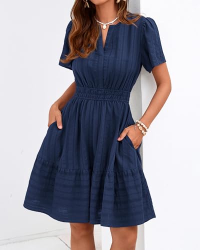 Womens Boho Mini Dress, Lightweight Cotton, V-Neck, Short Sleeve, Elastic Waist, Pockets – Navy Blue, Small