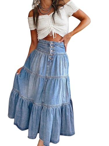 utcoco Women's High Waist Long Denim Skirt Button-Fly Tiered Ruffle Swing A-Line Jean Maxi Skirt with Pockets (Large, Blue)
