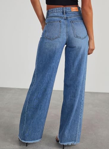 Sidefeel Women's Wide Leg Jeans High Waisted Stretchy Raw Hem Denim Pants Size 14 Blue