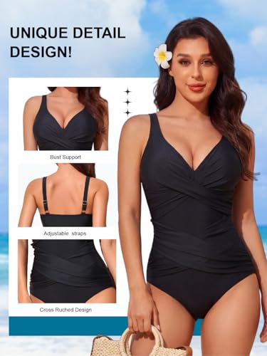 Smismivo Tummy Control Swimsuits for Women Slimming One Piece Bathing Suit Modest Padded Ruched Push Up Long Torso Curvy Shapewear V Neck Criss Cross Swimming Suits Full Coverage Swimwear (Black)