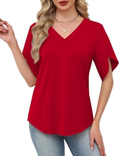 WIHOLL Womens Summer Tops 2026 Short Sleeve Shirts Loose Fit Blouses for Women Dressy Casual Fashion Clothes Date Outfits Beach Vacation Traval Outfits Red XL