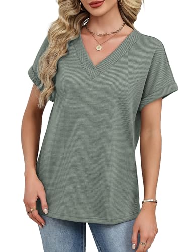 Plus Size Spring Clothes for Women Fashion Waffle Knit Short Sleeve Tops Summer Outfits Blouses Dressy Casual V Neck T Shirts Green XXL