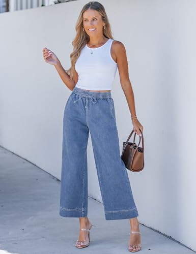 luvamia Wide Leg Crop Jeans Woman Denim Capris for Women Wide Leg Pants Medium Blue Medium Fits Size 8 / Size 10