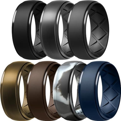 Egnaro Inner Arc Ergonomic Breathable Design, Silicone Rings Mens with Half Sizes, 1/4/5/6/7 Rubber Wedding Bands, 10mm Wide-2.5mm Thick