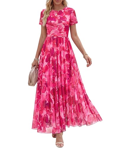 BTFBM Summer Dresses for Women 2026 Formal Short Sleeve Floral Homecoming Dress Maxi Wedding Guest Vacation Outfits(Floral Pink,Large)