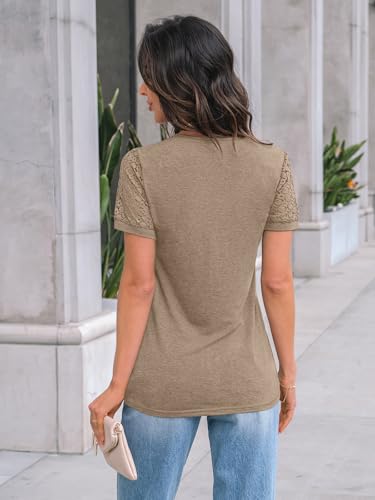 AUTOMET Short Sleeve Shirts for Women Summer Tops 2026 Spring Fashion Dressy Casual Outfits Lace Trendy Top Cute Work T Shirt Business Vacation Clothes Blouses Khaki L