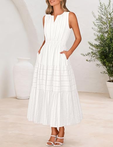 MEROKEETY Summer Spring Midi Maxi Dress for Women 2026 Casual Beach Vacation Sleeveless Boho V Neck Cotton Long Dresses Pockets, White, Medium