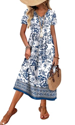 OFEEFAN Summer Dresses for Women Flowy Short Sleeve V Neck A Line Dress Work Spring Beach Vacation Casual Dresses Midi Maxi Dress Sundresses for Women Mandala Boho Print XL