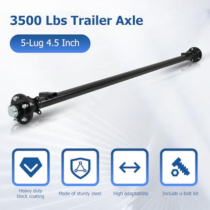 WFLNHB 3500 lbs Trailer Axle with 5-Lug 4.5 Hubs - 85 Hub Face, 70 Spring Center, Includes U-Bolt Kit Replacement for Cargo RV Camper