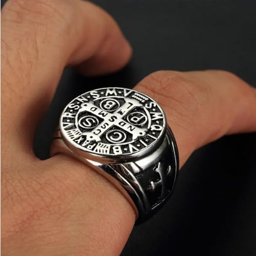 MRENITE Personalized 10K 14K 18K Gold Catholic St Saint Benedict Cross Ring for Men Round Pinky Signet Ring Custom Size Engraved Name Religious Gift Ring for Father
