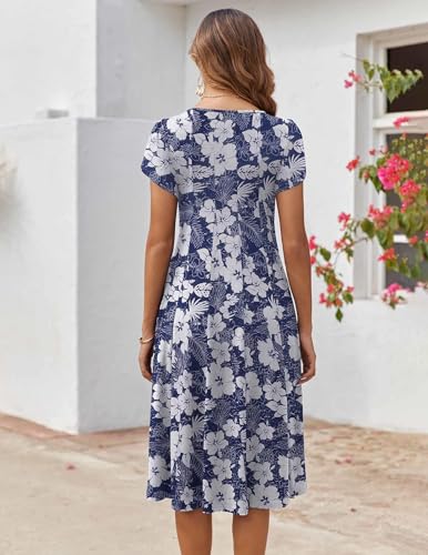 Zeagoo Boho Summer Dresses for Women 2026 Plus Size Midi Dress with Pockets Casual Floral Boho Dress, Deep Blue Flower,XXL