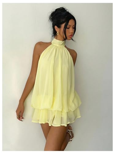 Verdusa Women's Chiffon Halter Drop Waist Wedding Guest Dresses Ruffle Summer Mini Dress Brunch Outfits Butter Yellow Large