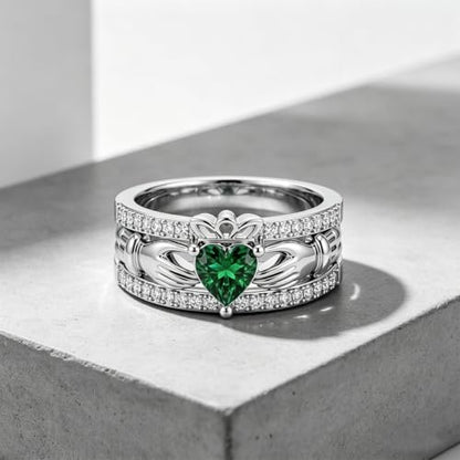 LYTTMAB Claddagh Ring For Men, Lab Created Green Emerald Sterling S925 Silver Irish Celtic Knot Ring Men's Wedding Band Promise Engagement Ring Size 9