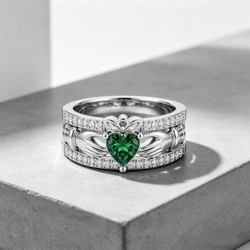 LYTTMAB Claddagh Ring For Men, Lab Created Green Emerald Sterling S925 Silver Irish Celtic Knot Ring Men's Wedding Band Promise Engagement Ring Size 9