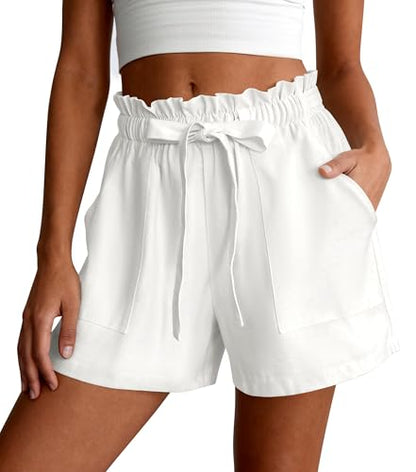 PRETTYGARDEN Summer Shorts for Women Casual Ruffle Drawstring High Waist Wide Leg Comfy Lounge Shorts Beach Vacation Cruise Outfits(White,M)