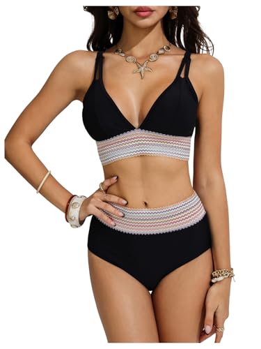 SOLY HUX Women's High Waisted Bikini Deep V Neck Two Piece Swimsuit Tummy Control Bathing Suits Swimwear Black Multi Medium