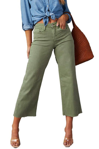 Allimy Women's High Waisted Straight Ankle Wide Leg Ripped Jeans Frayed Hem Stretchy Capri Denim Pants Olive Size 4