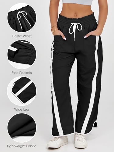 Fisoew Women's Baggy Wide Leg Pants Casual Drawstring Elastic Waisted Contrast Color Workout Y2K Track Pants Black