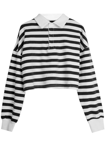 Natalie Winters Dress - Remidoo Women's Collared Half Button Long Sleeve Striped Crop Top Sweatshirt Grey White