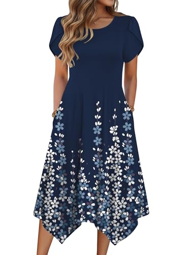 Zeagoo Summer Dresses for Women 2026 Vacation Long Flowy Dresses for Women Casual Summer Dress Floral Midi Sundress with Pockets Navy Floral XL