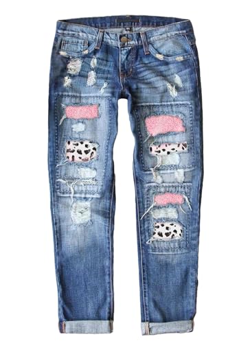 American Flag Pants - Astylish Womens Plaid Patch Ripped Boyfriend Distressed Stretch Skinny Denim Jeans with Hole B 09