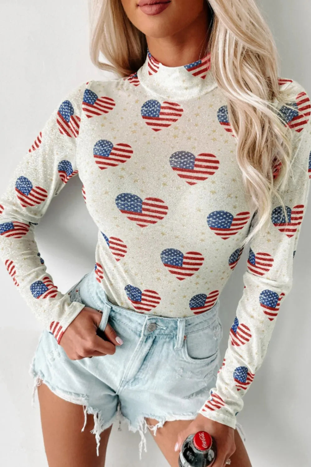US Flag Heart Mock Neck Long Sleeve Bodysuit White