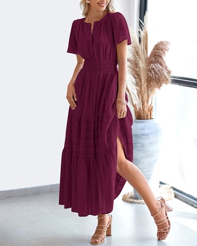 BTFBM Womens Summer 2026 Casual Midi Maxi Dresses Lightweight Short Sleeve V Neck Elastic Waist Boho Beach Dress Pockets(Wine Red, Large)