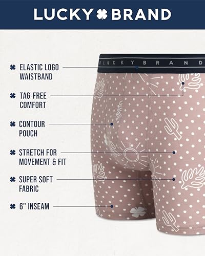 Lucky Brand Mens Boxer Briefs - 8 Pack 6'' Inseam Stretch Performance Tag Free Mens Underwear Boxer with Contour Pouch, Size X-Large, Mood Indigo/Red Ochre/Print/Piquant Green