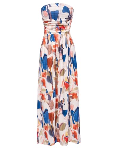 GRACE KARIN Women Strapless Dress Casual Loose Ruched Long Maxi Dress with Pockets Blue Brown