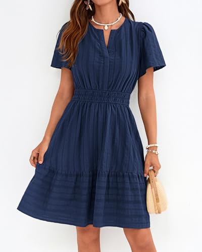 Womens Boho Mini Dress, Lightweight Cotton, V-Neck, Short Sleeve, Elastic Waist, Pockets – Navy Blue, Small