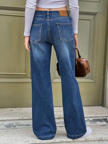 Cicy Bell Womens Wide Leg Jeans High Waisted Baggy Stretchy Front Seam Denim Pants with Pockets Blue