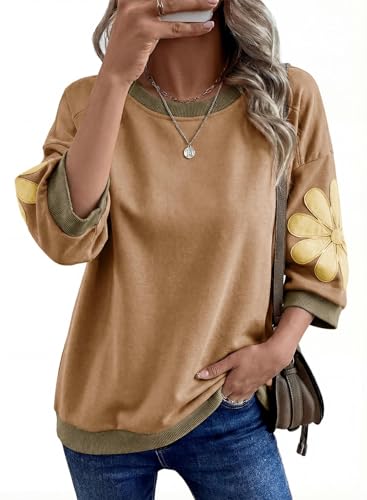 Dokotoo Khaki Sweatshirts for Women 2026 Casual Crewneck Summer Tops Plus Size Splicing 3/4 Sleeve Trendy Fashion Ribbed Knit Pullover Basic Tee X-Large