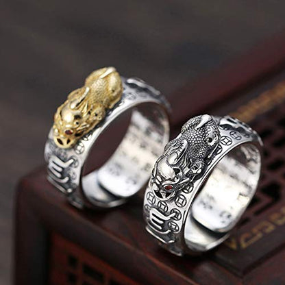 HJ HUAJ 990 Silver Feng Shui PiXiu Adjustable Ring MANI Mantra Protection Wealth Ring