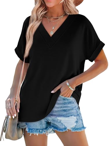WIHOLL Plus Size Spring Clothes for Women 2026 Summer Blouses Trendy Clothing Short Sleeve Shirts V Neck Tops Black 3XL