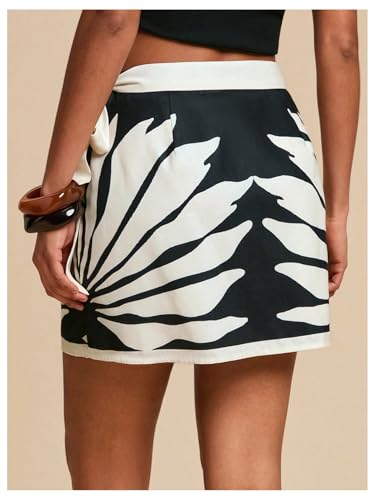 MakeMeChic Women's Summer Boho Wrap Mini Skirt Beach Vacation Short Skirts Leave Print Black Medium