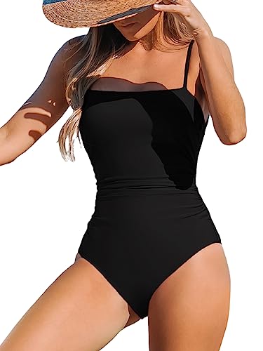 CUPSHE Women's One Piece Swimsuit Square Neck Cutout Back Tummy Control Adjustable Straps Striped Swimwear, L Black