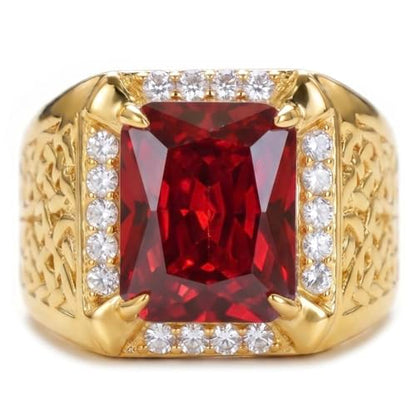 PEIMKO Red Ruby Ring for Men 14K Gold Plated in Sterling Silver Celtic Knot Red Ruby Wedding Band Ring Size 7