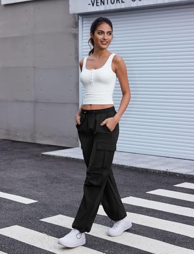 COPYLEAF Cargo Pants Women Elastic Waisted Parachute Hiking Pants with Pockets Water Resistant Lightweight Baggy Pants(Black M)