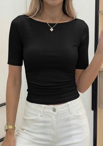 PRETTYGARDEN Womens Summer Short Sleeve Tops Boat Neck Ribbed Knit Slim Fit T Shirt Casual Basic Top 2026 Spring Clothes (Black,Large)