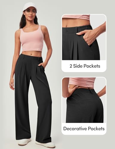 IUGA Wide Leg Pants Woman Pull on Stretchy Work Dress Pants High Waisted Business Casual Trousers Slacks Standard, Large, Black