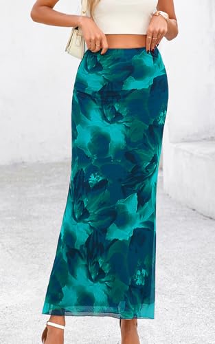 PRETTYGARDEN Women's Floral Print Mesh Long Skirt High Waisted Bodycon Fishtail Flowy Summer Maxi Skirts for Women Trendy (Floral Lake Blue, Medium)