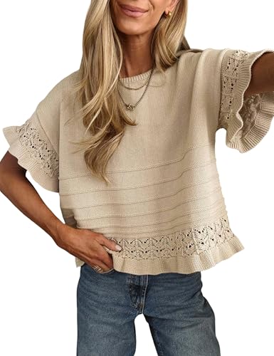 Yeokou Womens Short Sleeve Sweater Round Neck Ruffled Hem Knit Crochet Pullover Summer Fall Casual Top Blouse(Khaki-M)