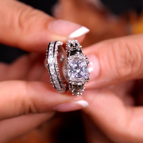 Jeulia Skull Engagement Ring Sets Sterling Silver Promise Eternity Band Rings Diamond Princess Cut with Cubic Zirconia Wedding Engagement Anniversary Promise Rings Bridal Sets (9.5(U.S))