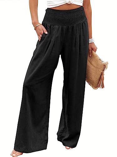 ANRABESS Women Linen Palazzo Pants Summer Boho Wide Leg High Waist Casual Lounge Pant 2026 Beach Travel Vacation Outfits Black Medium