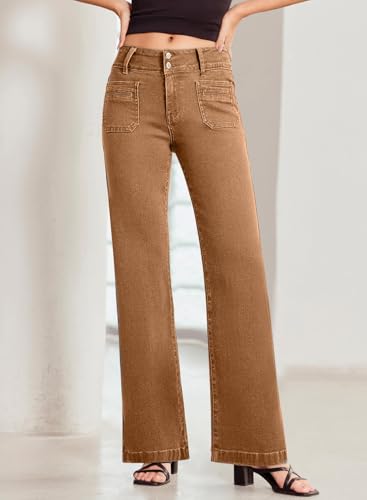 Sidefeel Women's Wide Leg Jeans Woman Fall Outfit Trendy Stretchy High Waisted Straight Leg Denim Pants Brown Size 8