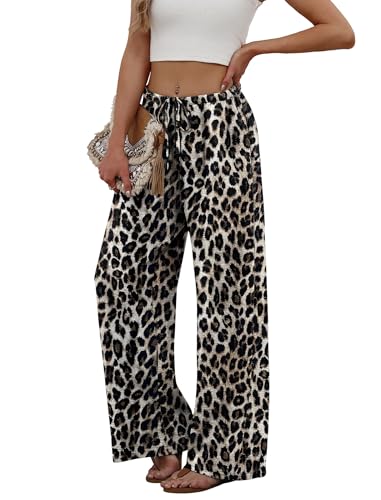 Sampeel Women's Leopard Print Wide Leg Pants Long Cute Summer Outfits Vacation Beach Clothes Palazzo Pants High Waist Trousers Date Outfits Business Casual Luxury Fashion Clothing M