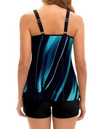 Arolina Womens Swimsuits Tummy Control Printed Tankini Sets High Waist Blue Oblique Stripes Swimwear with Shorts X-Large