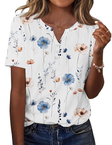 Zeagoo Dressy Tops for Women Short Sleeve Summer Outfits Loose Fit V Neck T Shirts Fall Dressy Blouses Floral White