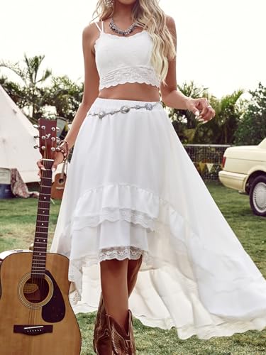 Verdusa Women's Western Cowgirl Lace Skirt Boho Asymmetrical Skirts Country Concert Outfits White X-Small