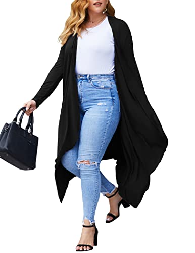 Women's Plus Size Long Sleeve Waterfall Asymmetric Drape Open Long Maxi Cardigan (Black, 5XL)